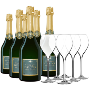 6 Champagnes Deutz Brut Classic + 6 flûtes
