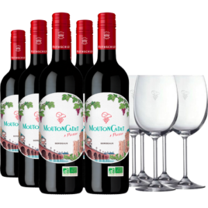 Wijnpakket 6 flessen - Mouton Cadet Bio Rouge X Pierre 2024 - Baron Philippe de Rothschild + 6 Glazen Mouton Cadet